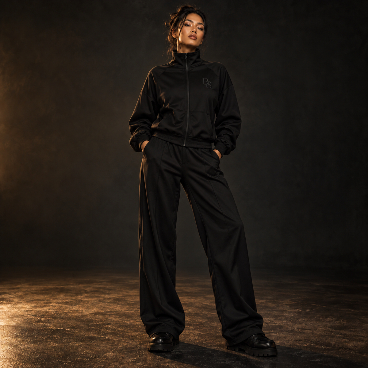 Model in komplett schwarzem BS-Trainingsanzug für BlackStamp©™ Women
