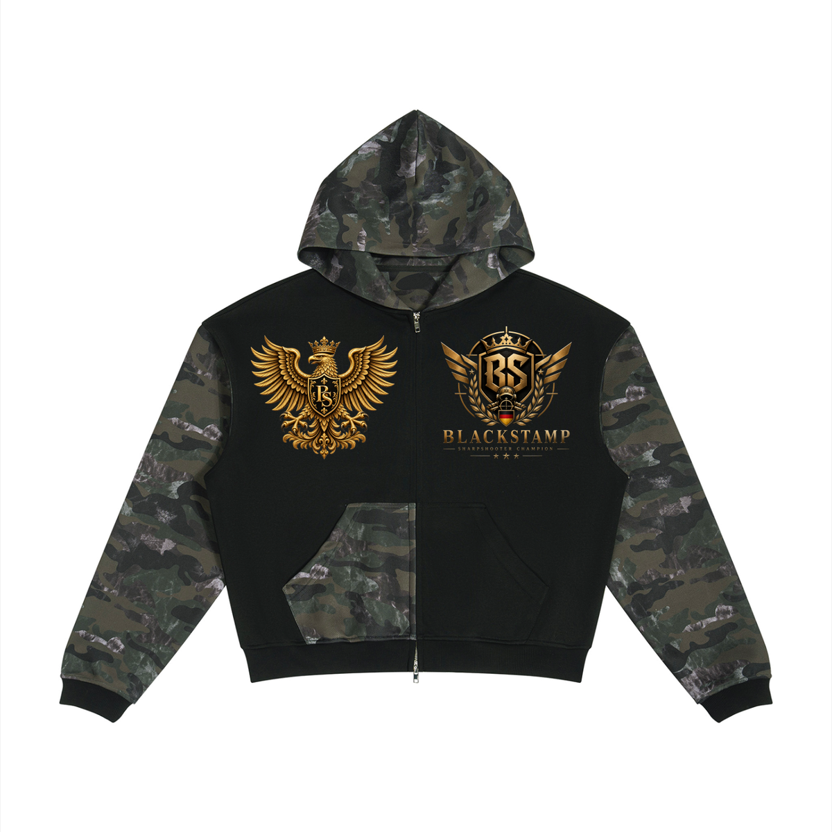 BlackStamp©™ Hoodie 004 – black camo full-zip streetwear hoodie
