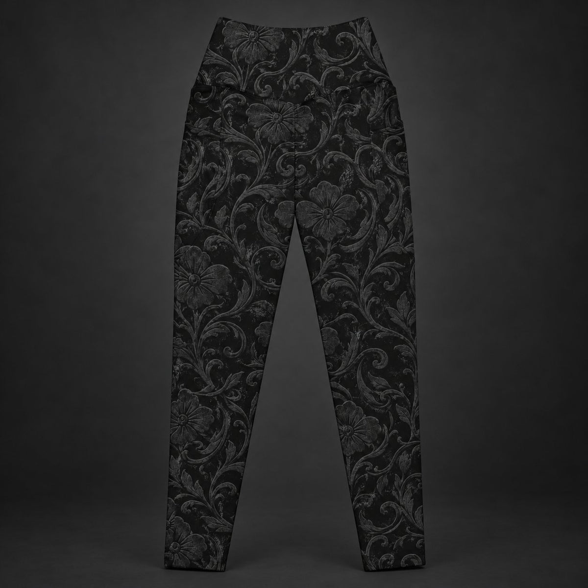 Leggings with pockets — dark luxury studio product photography.