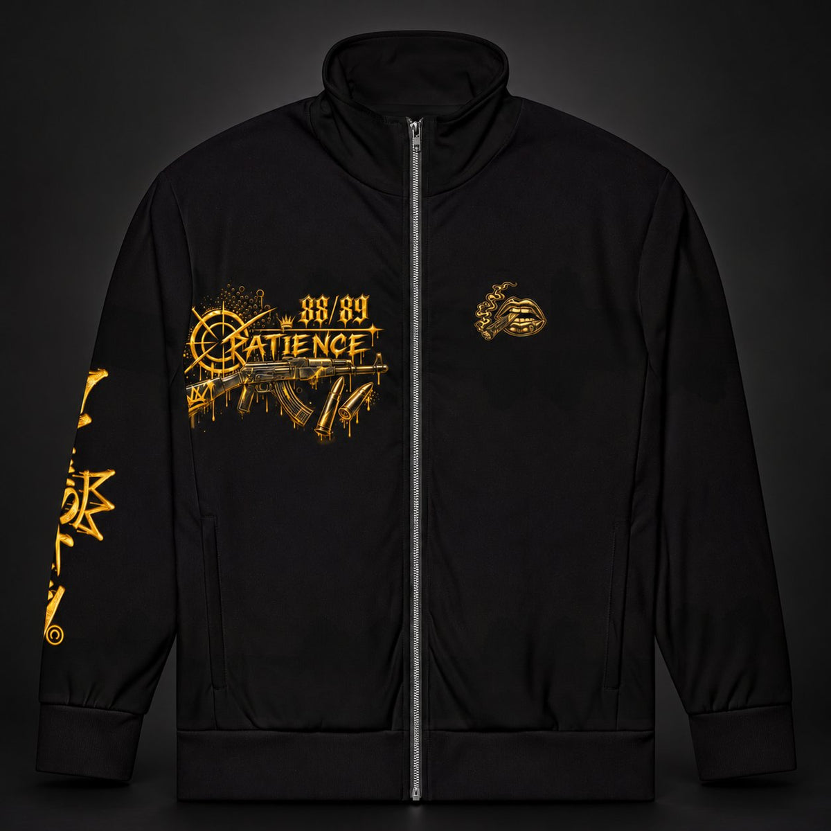 Unisex track jacket copy — dark luxury studio product photography.