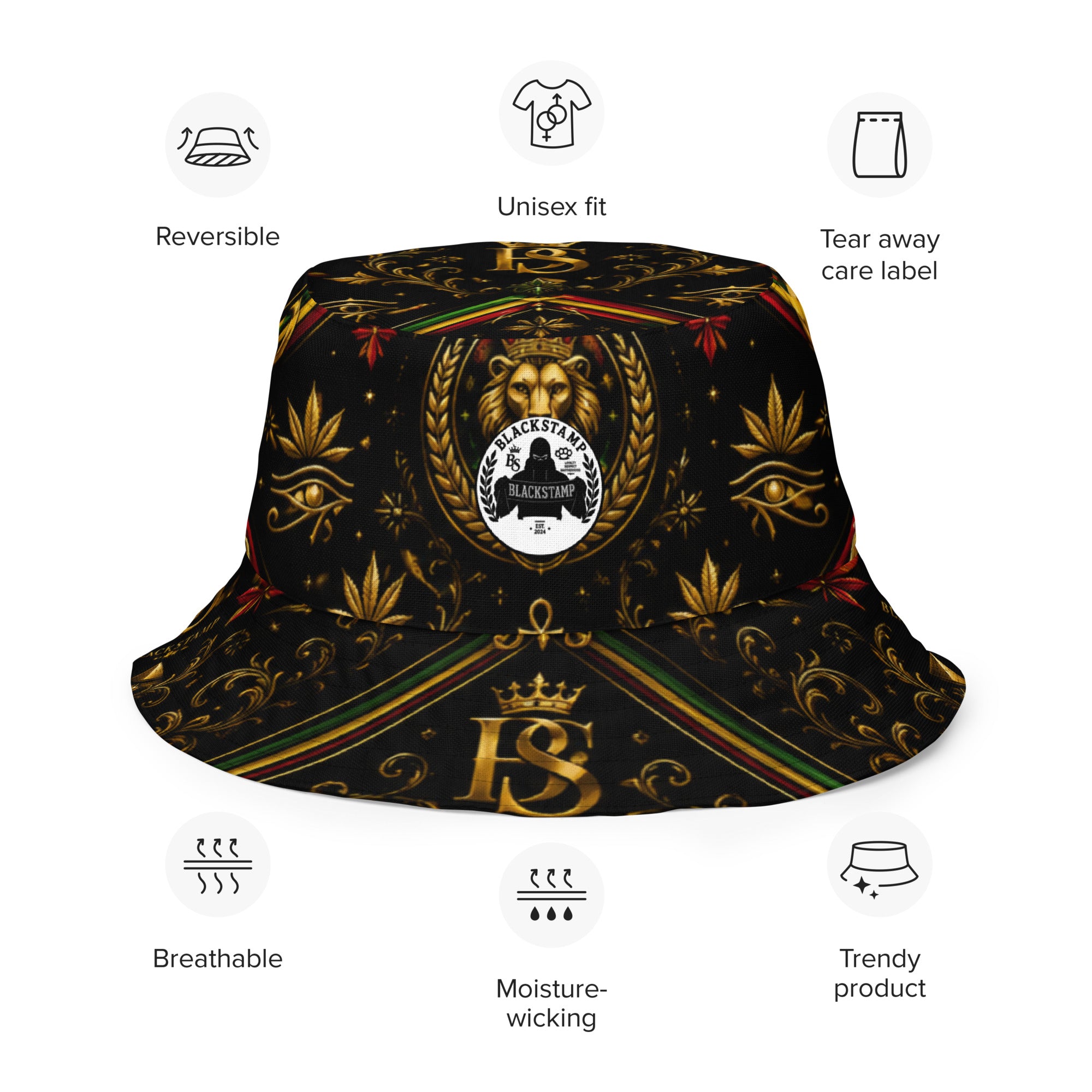 BlackStamp Rastafari Lion Reversible bucket hat designer bucket hat, product image 9