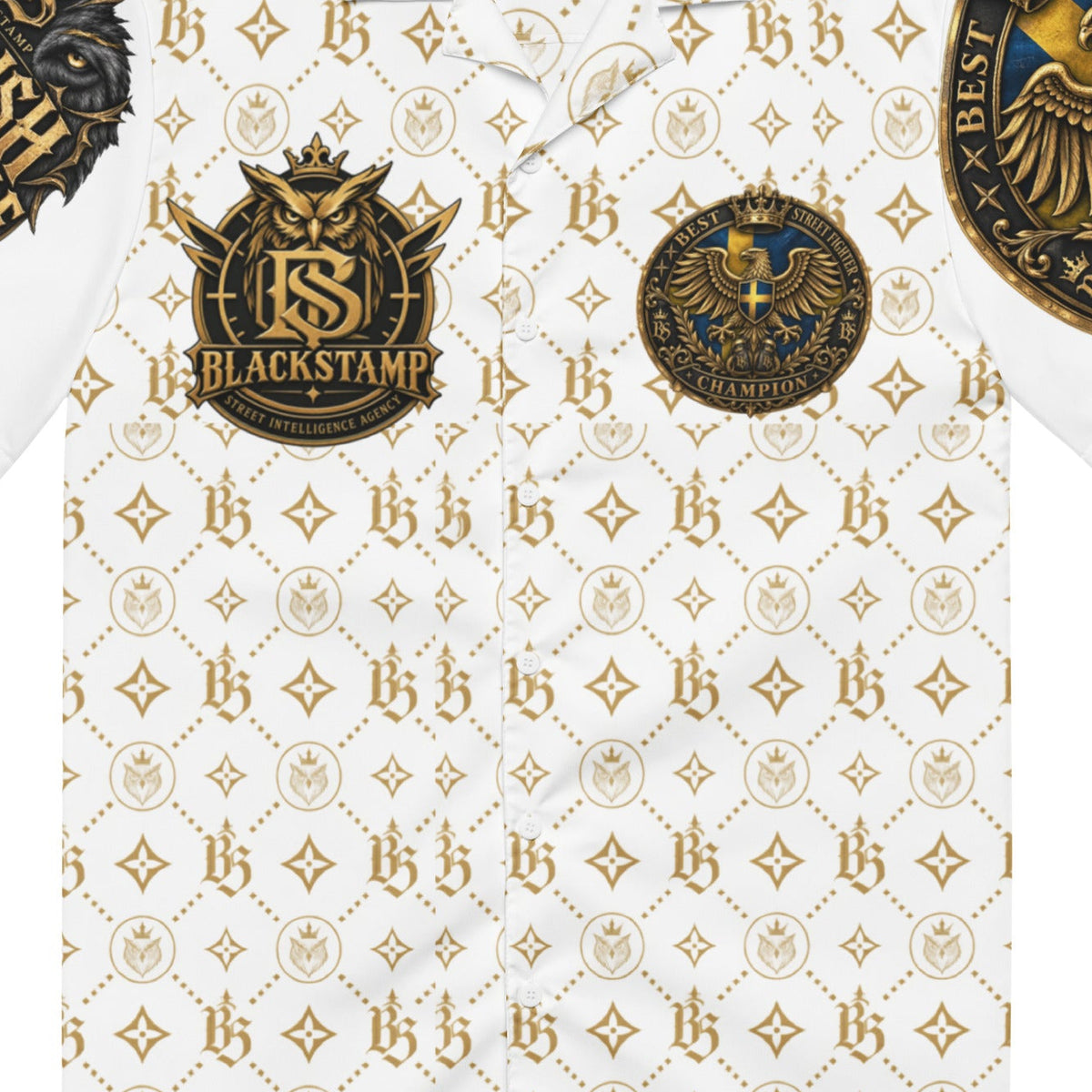 BlackStamp©™ Button Shirt 001 — artwork detail cropped from the original product photograph.