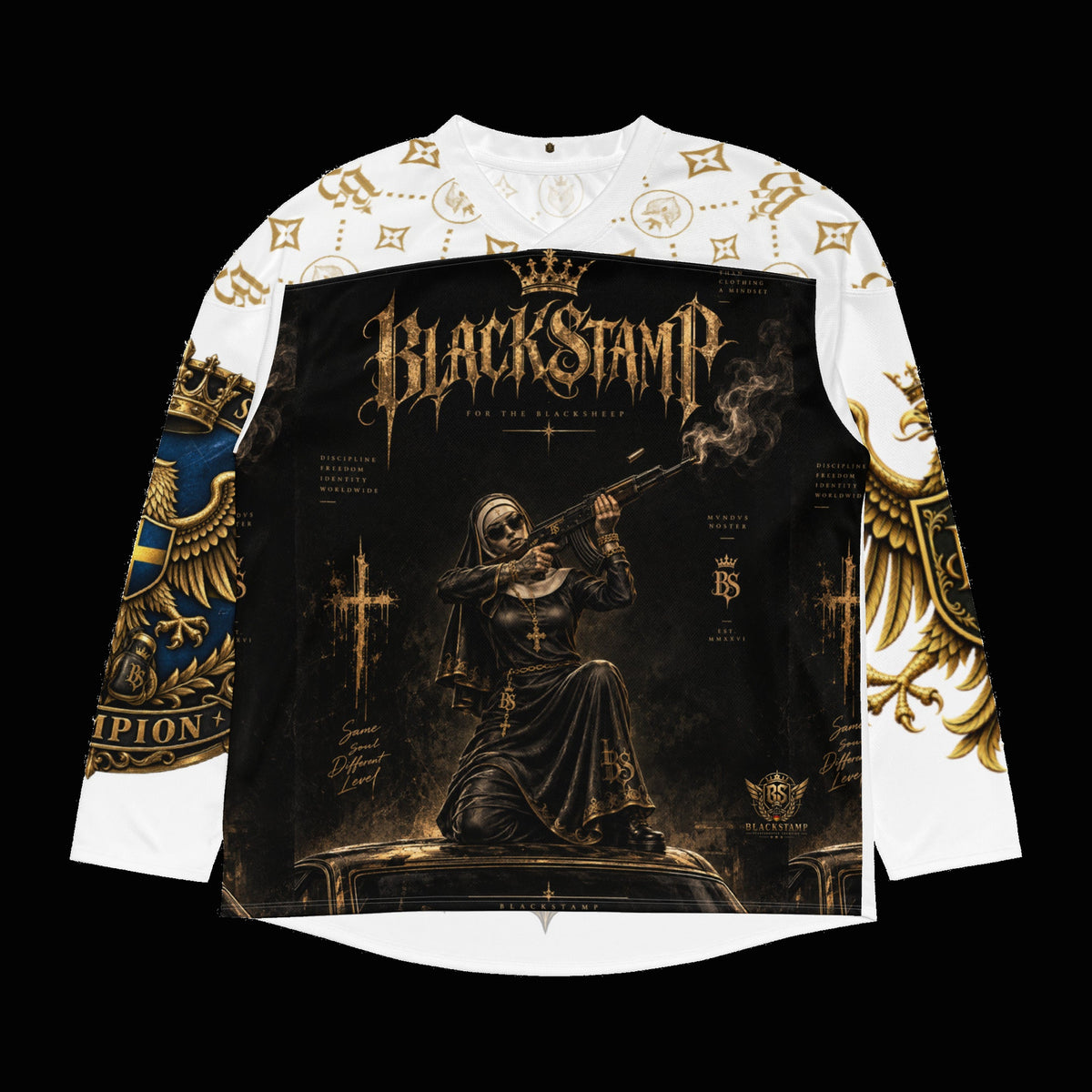 BlackStamp©™ Jersey 001 — original product on a deep-black studio background.
