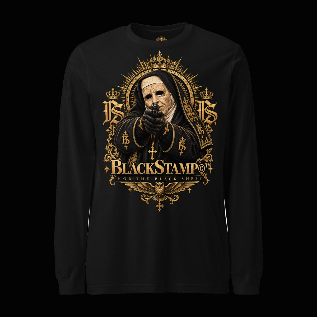 BlackStamp©™ Long Sleeve 1 — original product on a deep-black studio background.