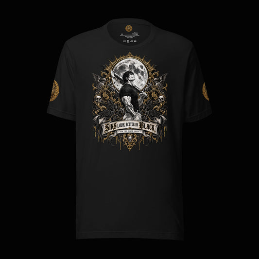 BlackStamp©™ T-Shirt 1 — original product on a deep-black studio background.