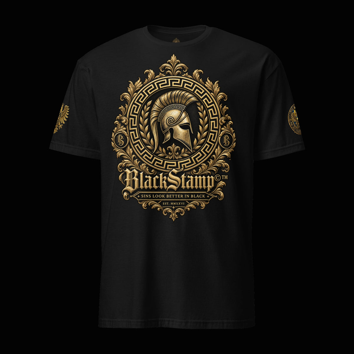 BlackStamp©™ T-Shirt 2 — original product on a deep-black studio background.