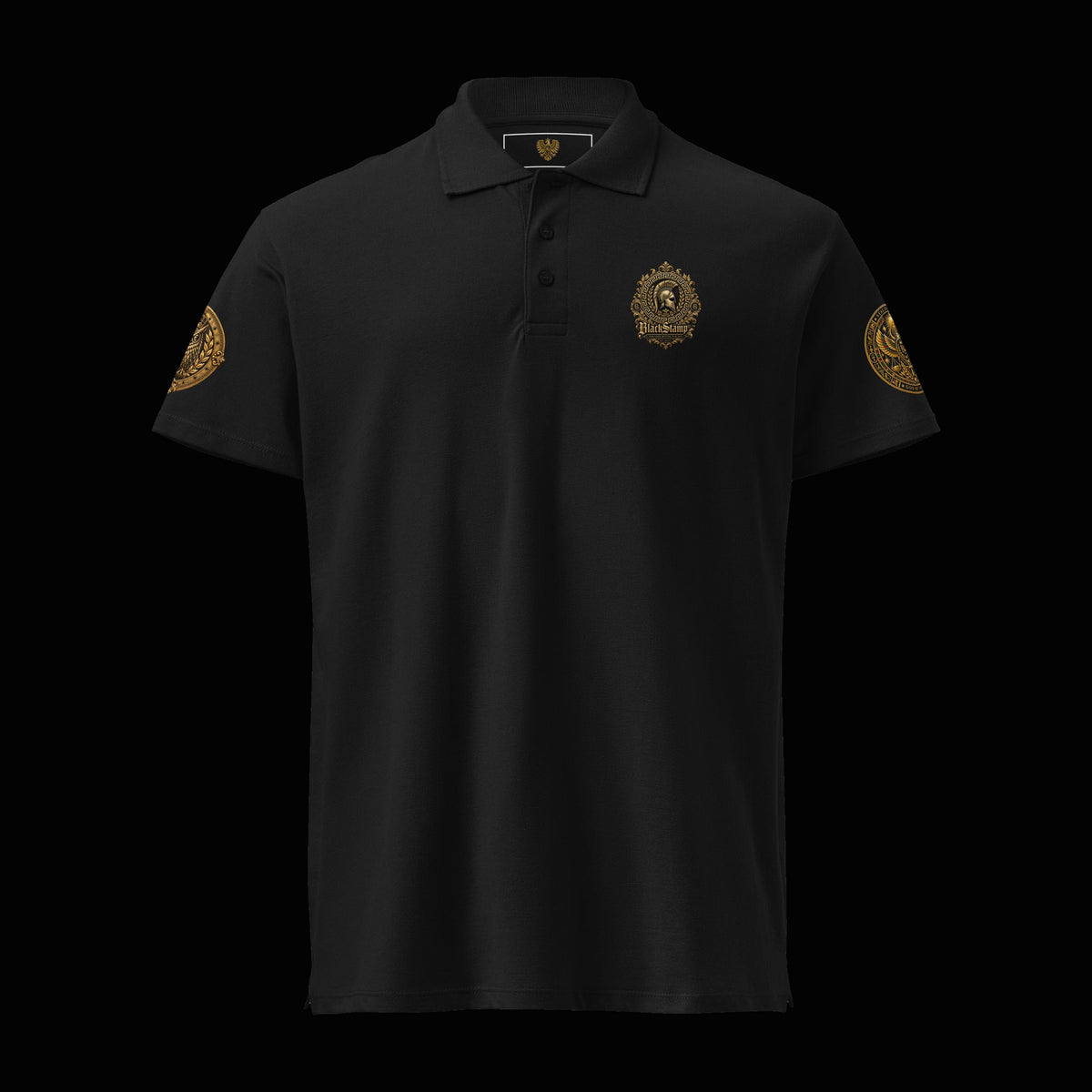BlackStamp©™ Polo Shirt 2 — original product on a deep-black studio background.