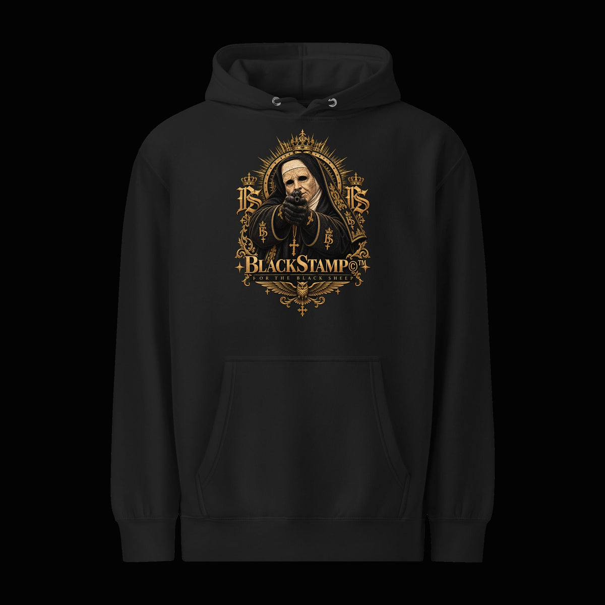 BlackStamp©™ Hoodie 10 — original product on a deep-black studio background.