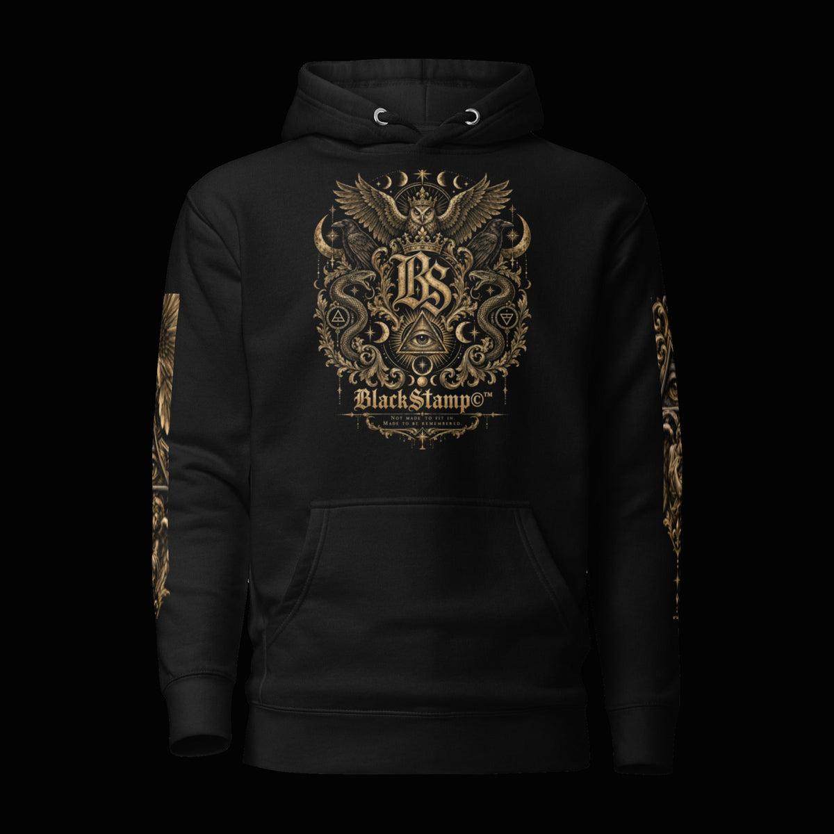 BlackStamp©™ Hoodie 015 — original product on a deep-black studio background.