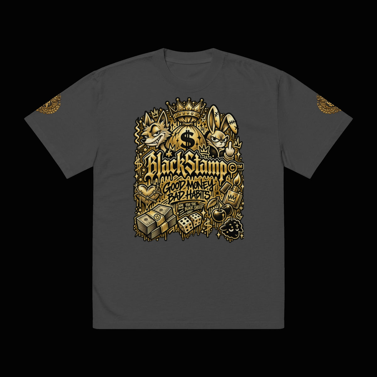 BlackStamp©™ T-Shirt 5 — original product on a deep-black studio background.