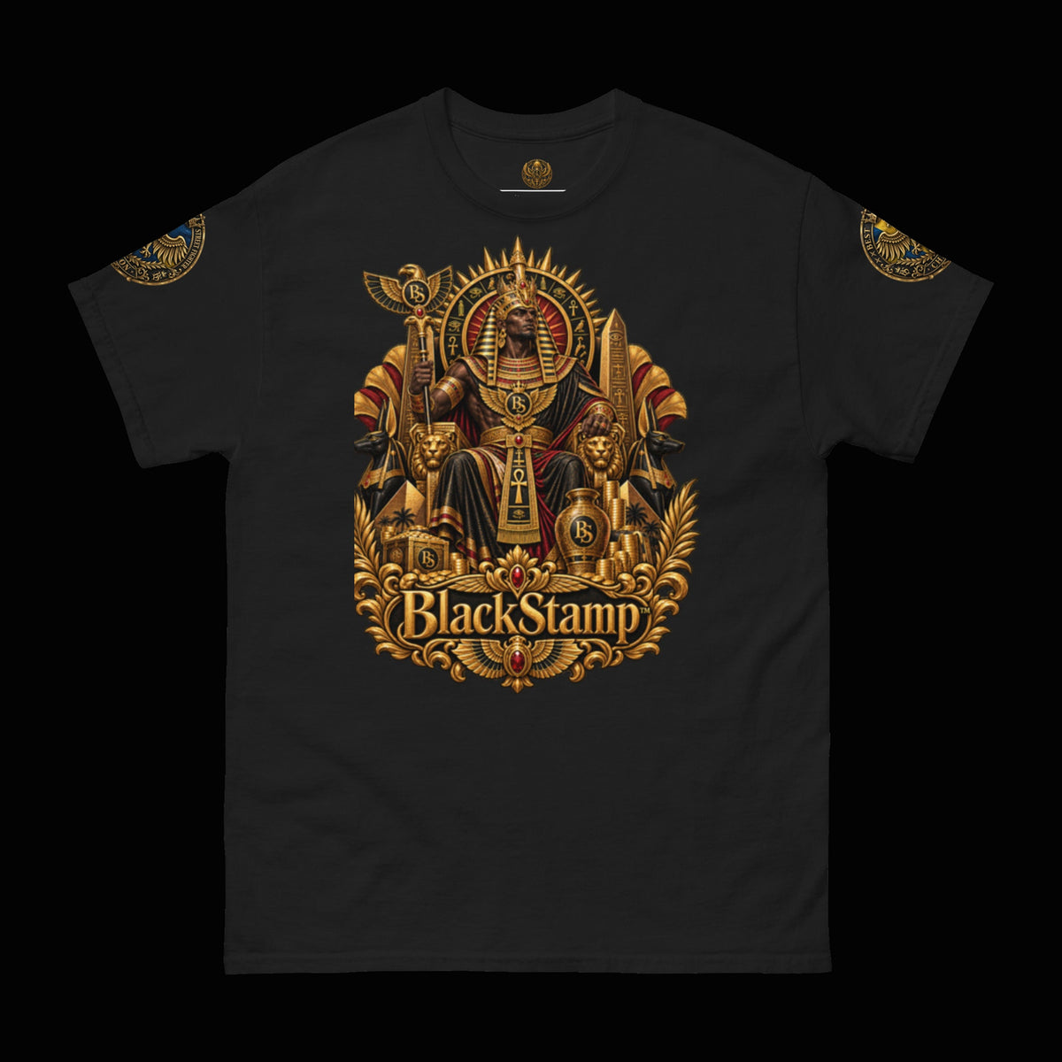BlackStamp©™ T-Shirt 6 — original product on a deep-black studio background.