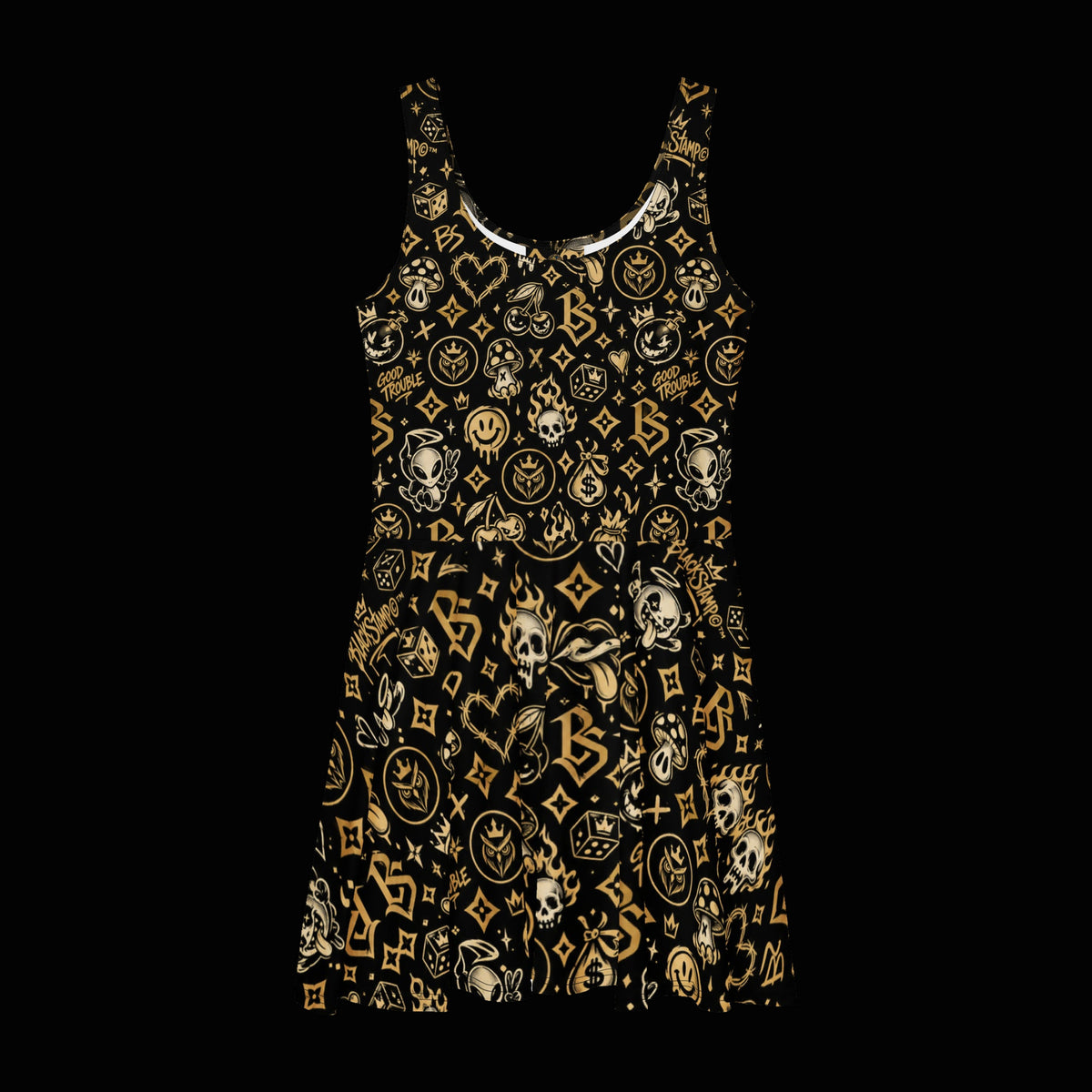 BlackStamp©™ Skater Dress 1 — original product on a deep-black studio background.