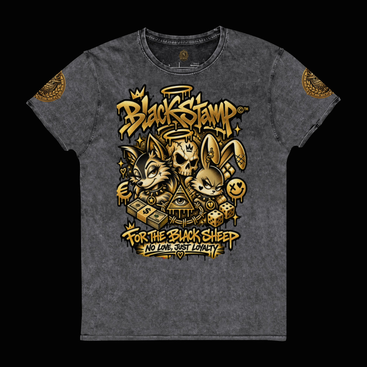 BlackStamp©™ T-Shirt 8 — original product on a deep-black studio background.