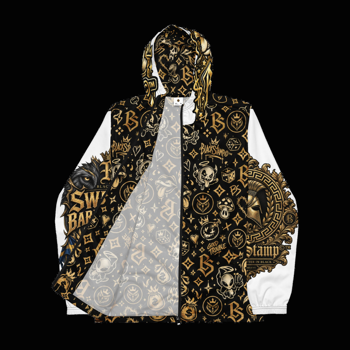 BlackStamp©™ Windbreaker 1 — original product on a deep-black studio background.