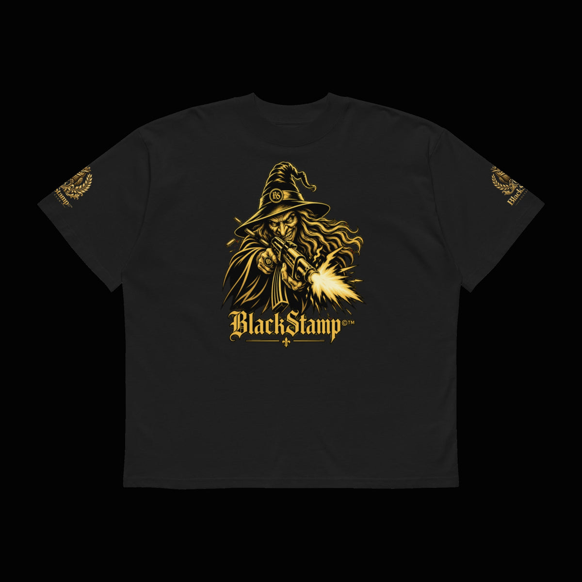 BlackStamp©™ T-Shirt 9 — original product on a deep-black studio background.