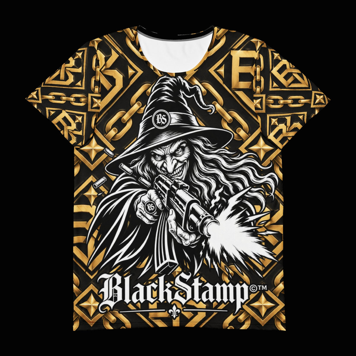 BlackStamp©™ T-Shirt 13 — original product on a deep-black studio background.