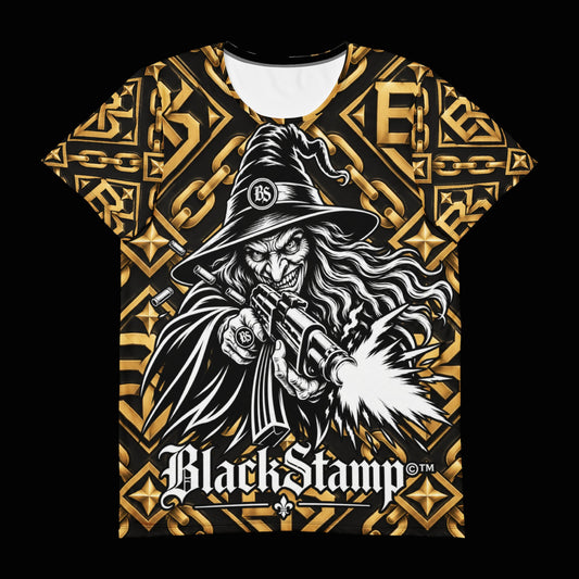 BlackStamp©™ T-Shirt 13 — original product on a deep-black studio background.