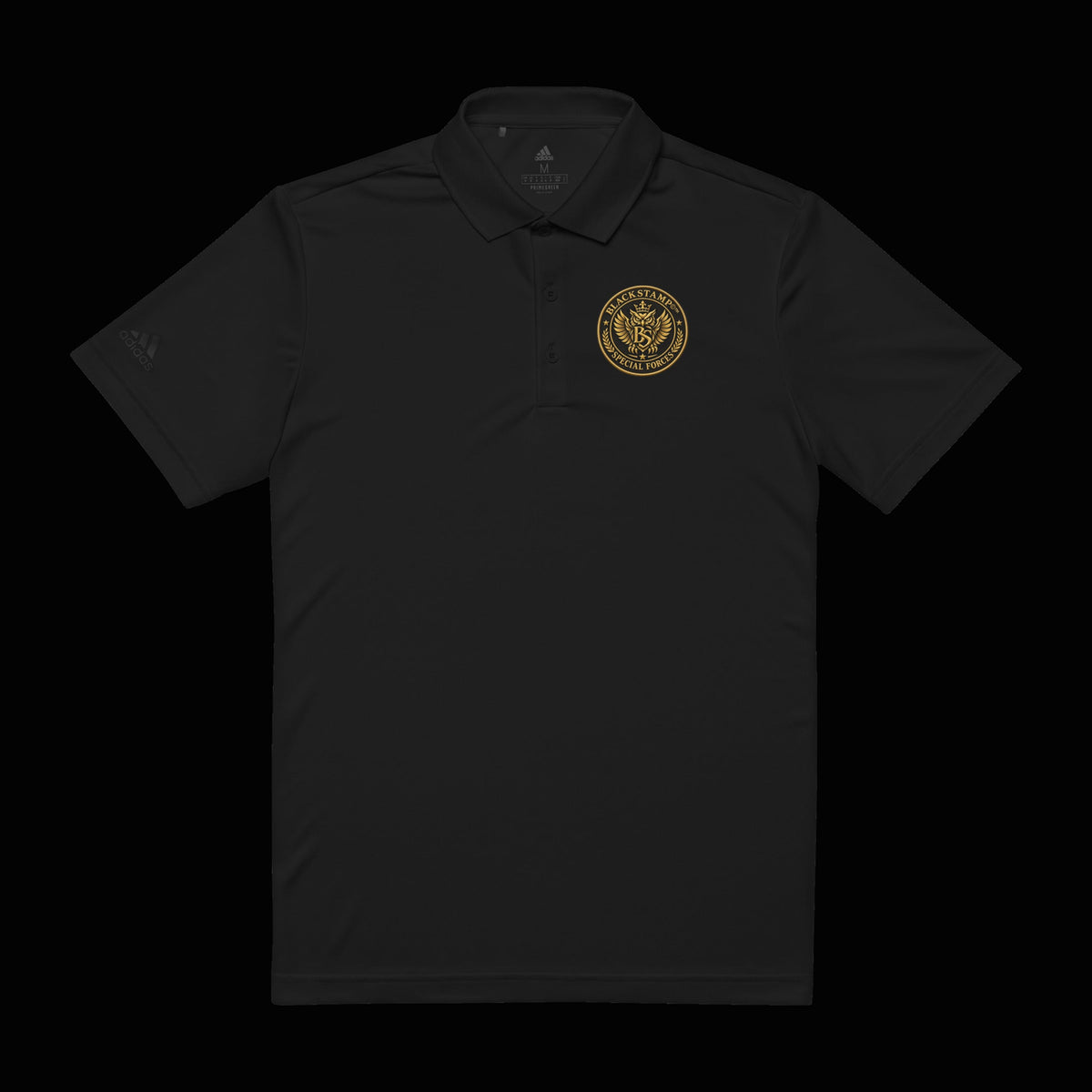 BlackStamp©™ Polo Shirt 4 — original product on a deep-black studio background.