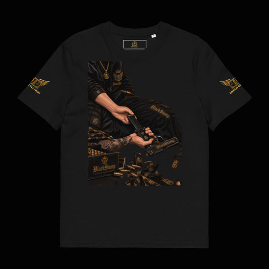 BlackStamp©™ T-Shirt 15 — original product on a deep-black studio background.
