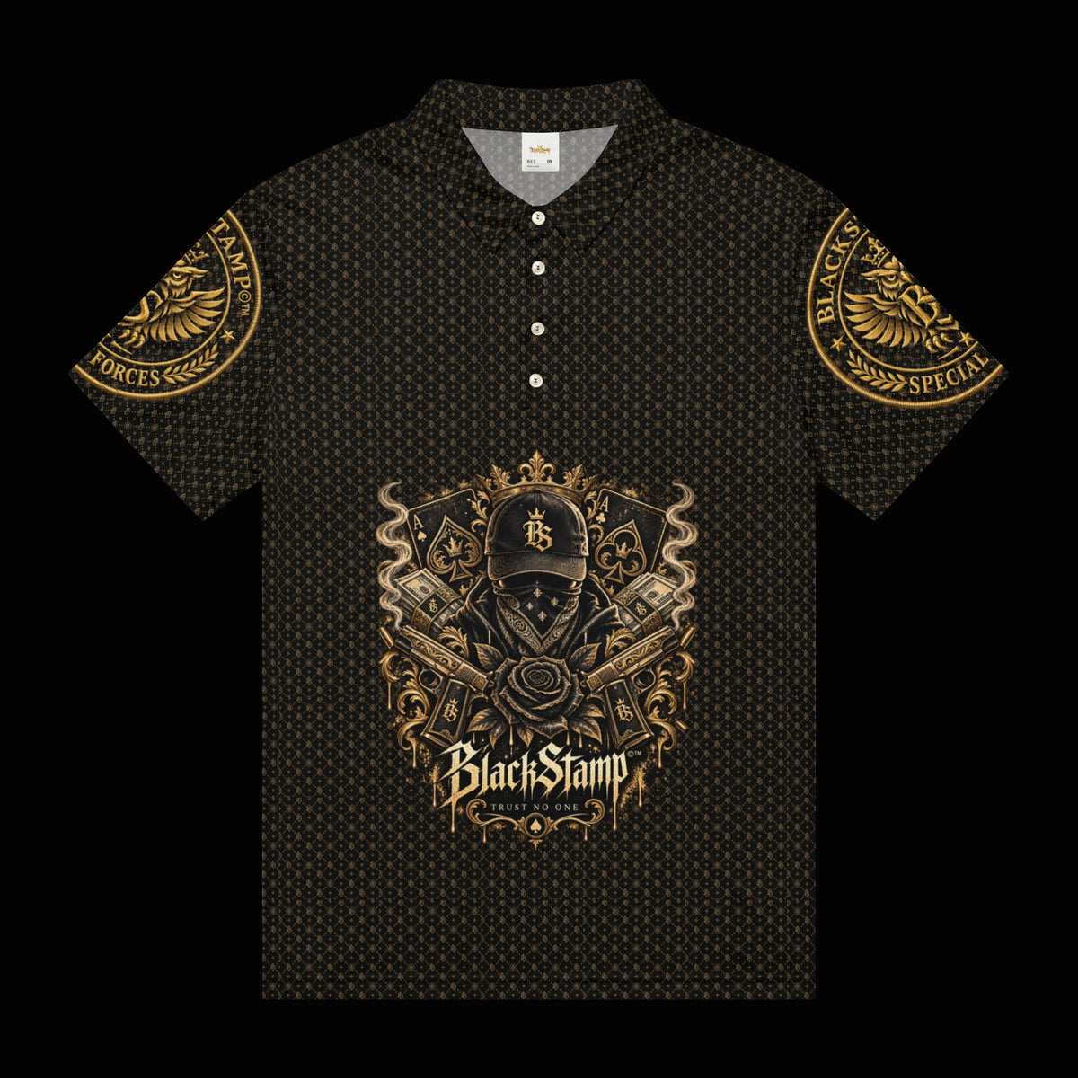 BlackStamp©™ Polo Shirt 5 — original product on a deep-black studio background.