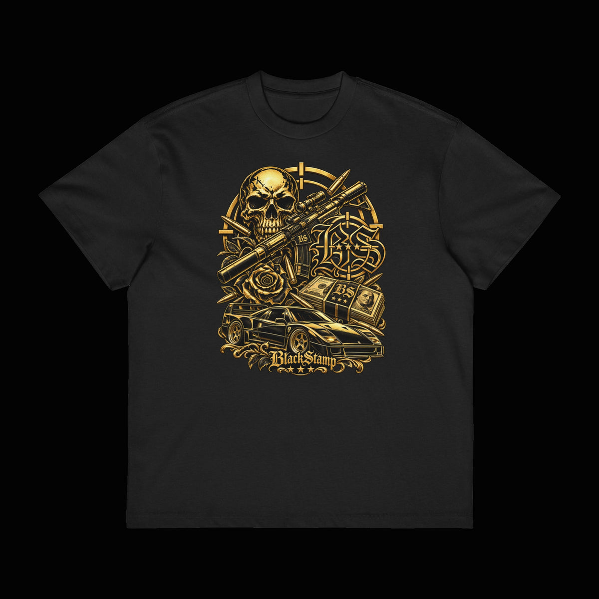 BlackStamp©™ T-Shirt 17 — Box Tee — original product on a deep-black studio background.