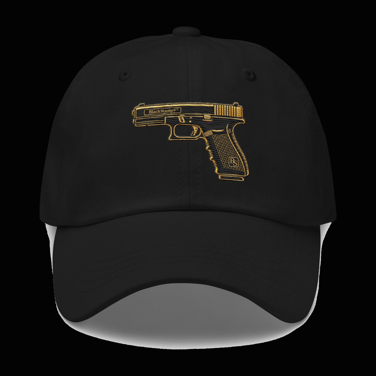 BlackStamp©™ Dad Hat 001 — original product on a deep-black studio background.