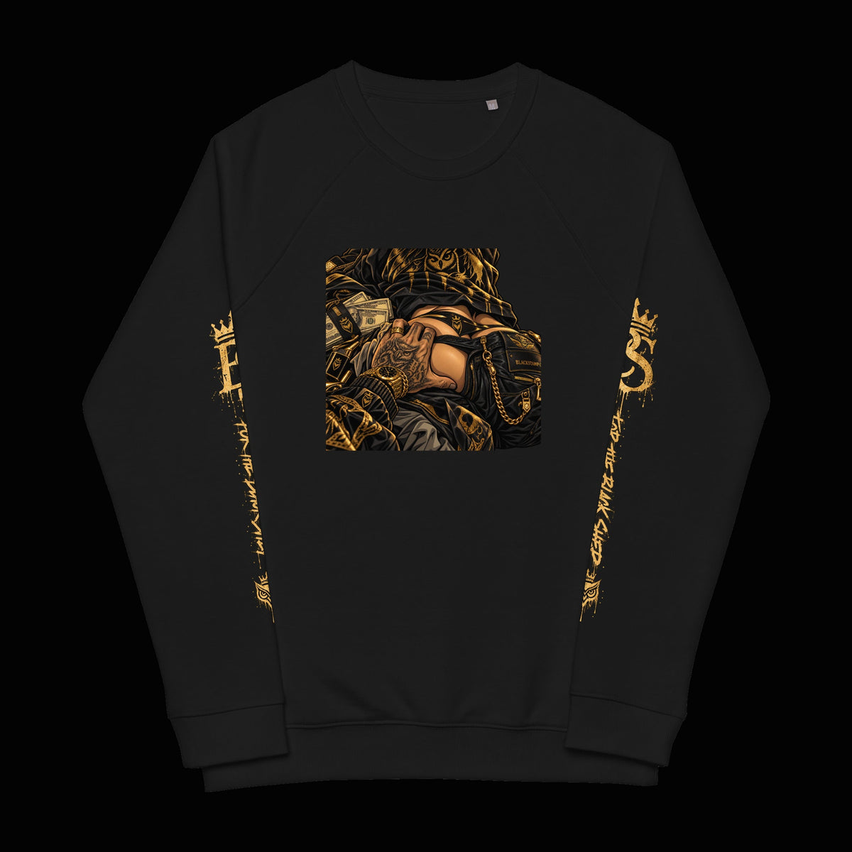 BlackStamp©™ Sweatshirt 10 — Organic Raglan — original product on a deep-black studio background.