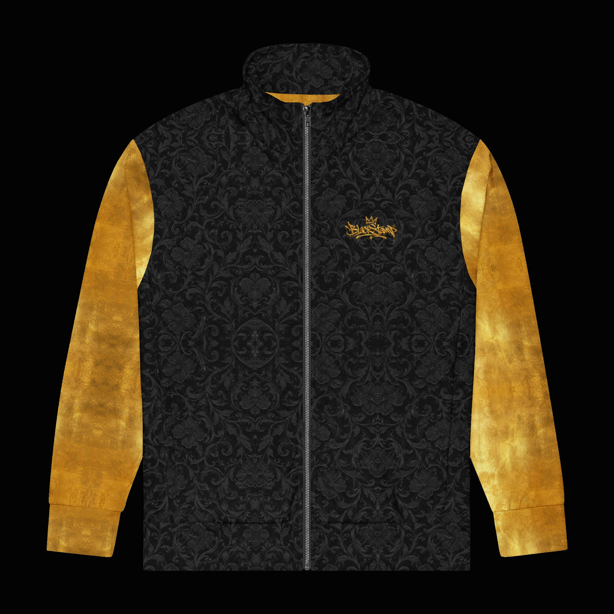 BlackStamp©™ Track Jacket 001 — original product on a deep-black studio background.