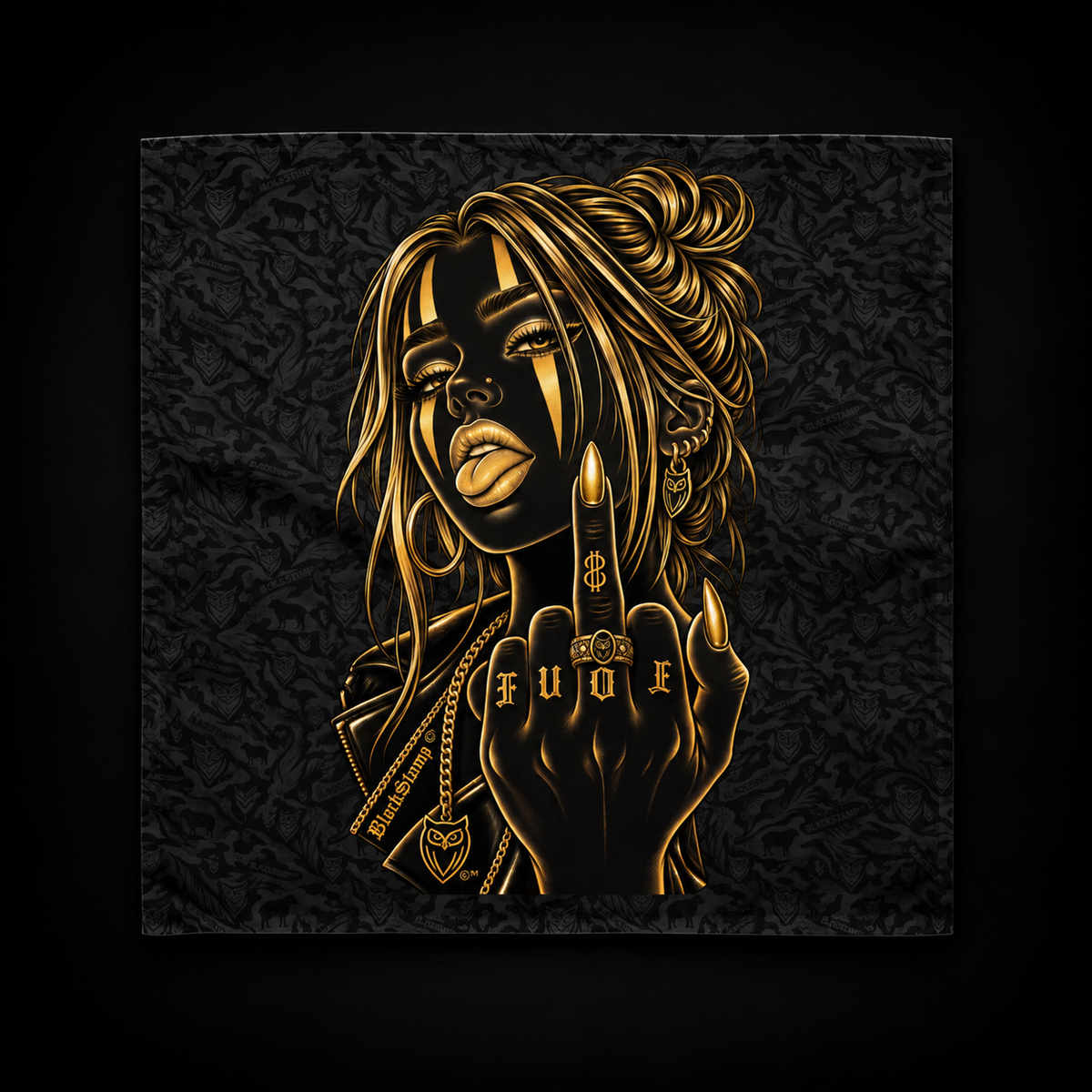 BlackStamp©™ Bandana 002, gold portrait, front product view on a dark black studio background