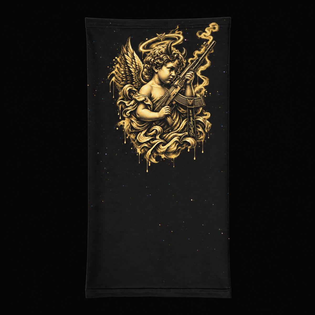 BlackStamp©™ Face Mask 004 — complete product view on a deep-black studio background.