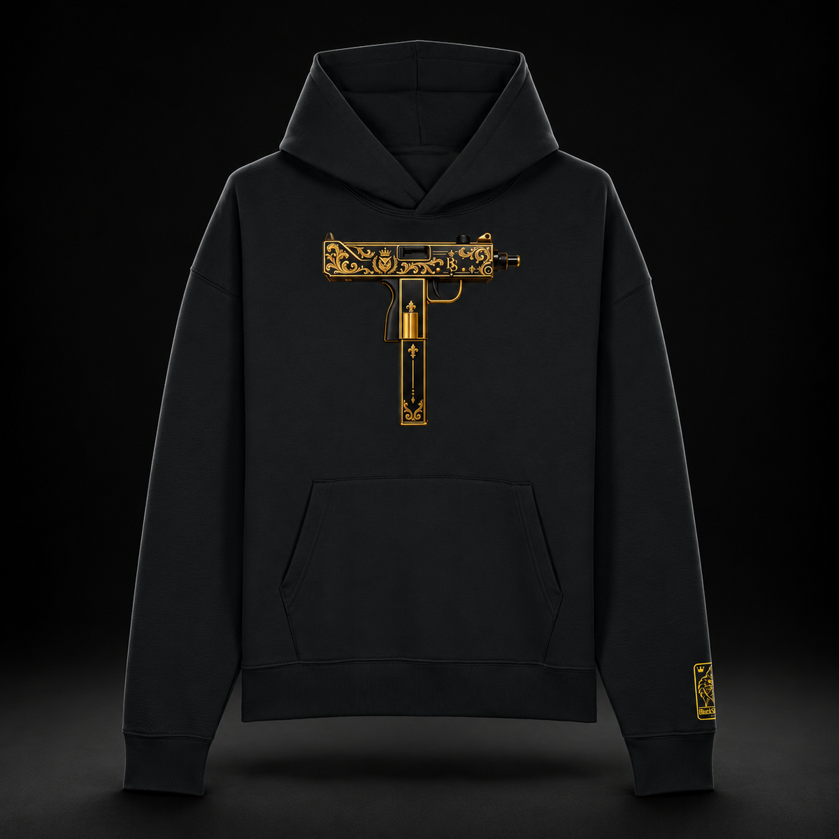 BlackStamp©™ Hoodie 035 in black, front view with gold graphic on a dark studio background