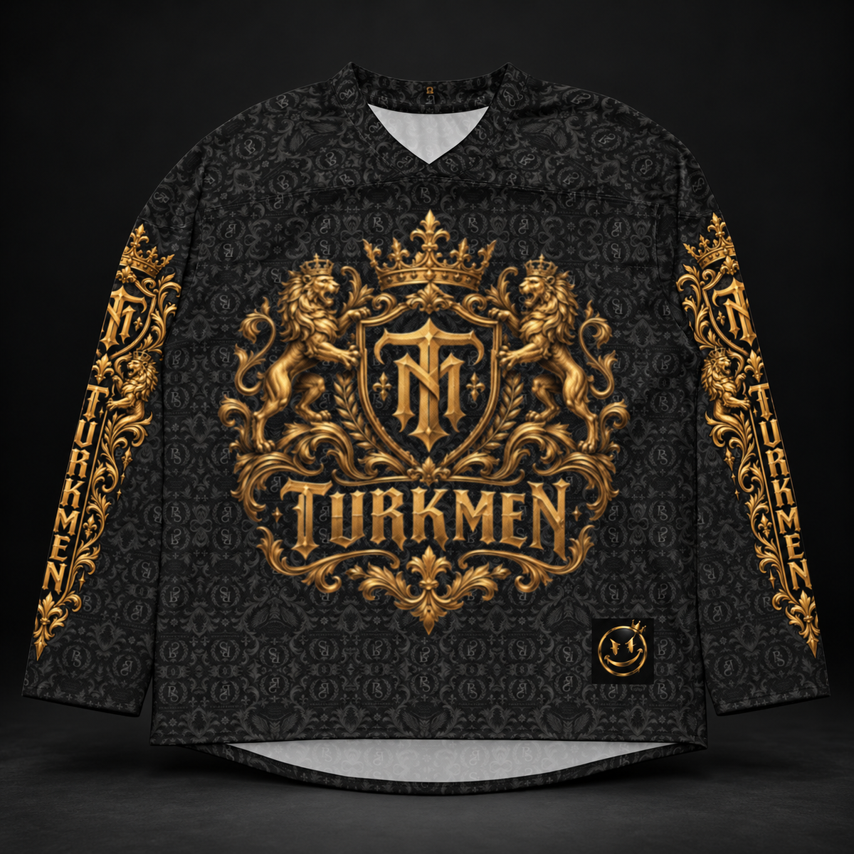 BlackStamp©™ Jersey 026, turkmen crest, front product view on a dark black studio background