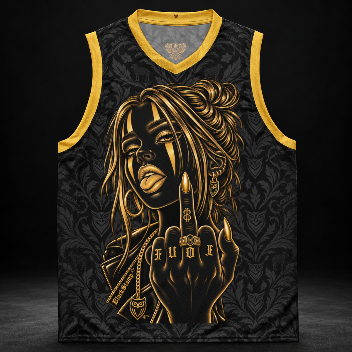 BlackStamp©™ Jersey 027, gold portrait, front product view on a dark black studio background
