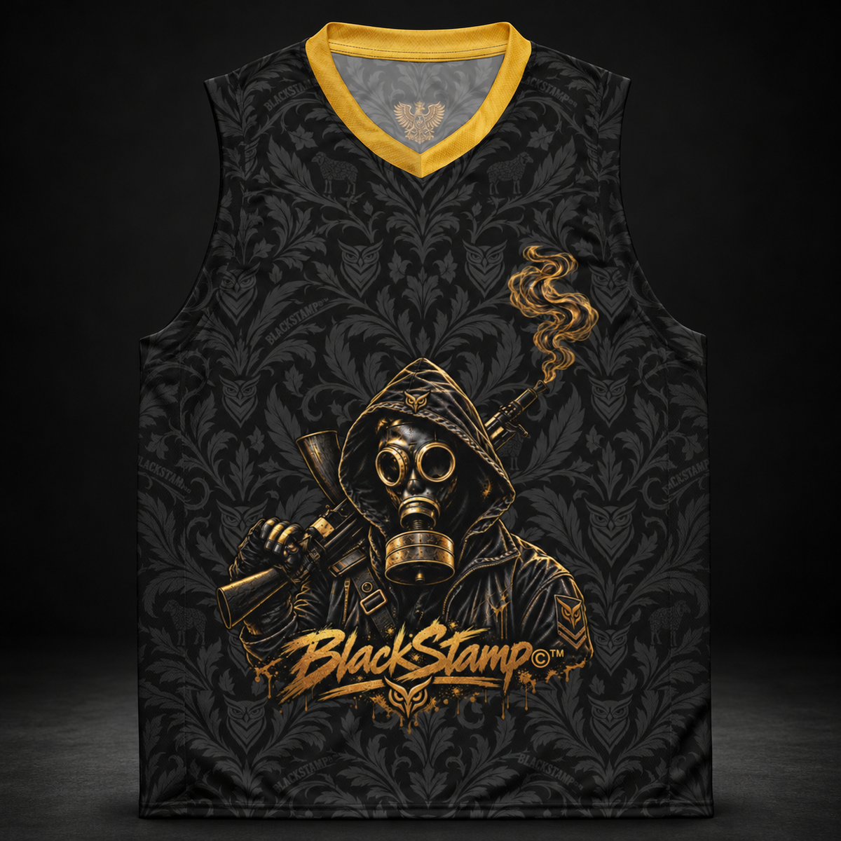 BlackStamp©™ Jersey 028, hooded figure, front product view on a dark black studio background