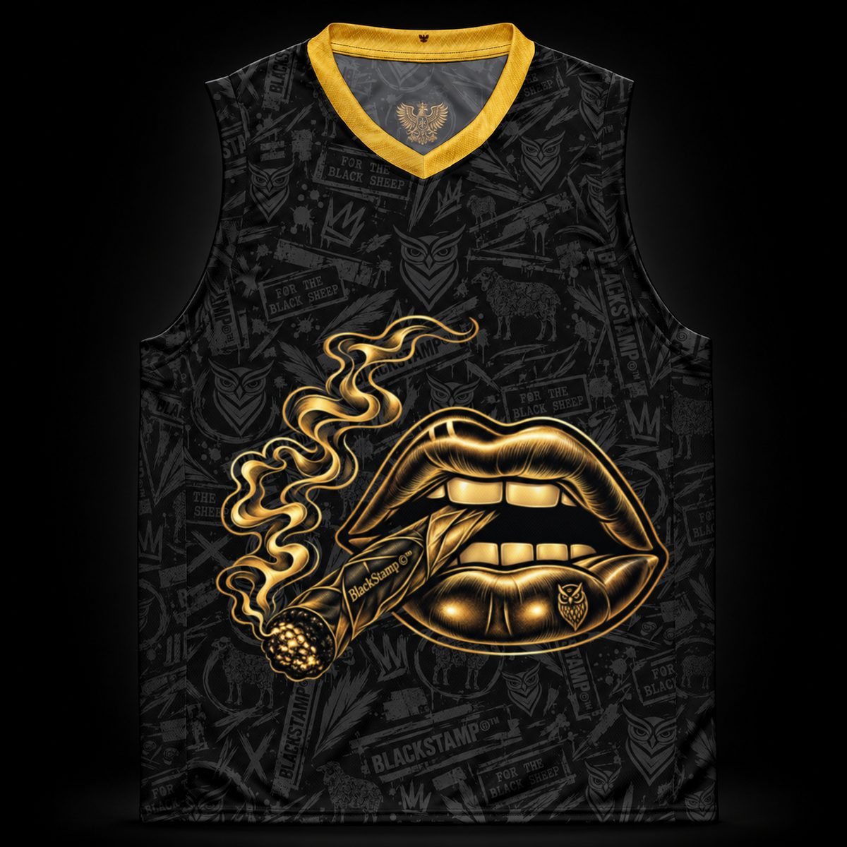 BlackStamp©™ Jersey 029, gold lips, front product view on a dark black studio background