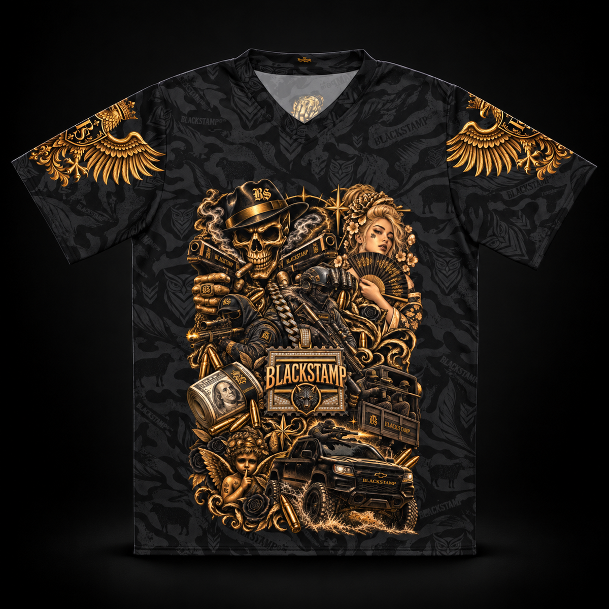 BlackStamp©™ Jersey 030, gold collage, front product view on a dark black studio background