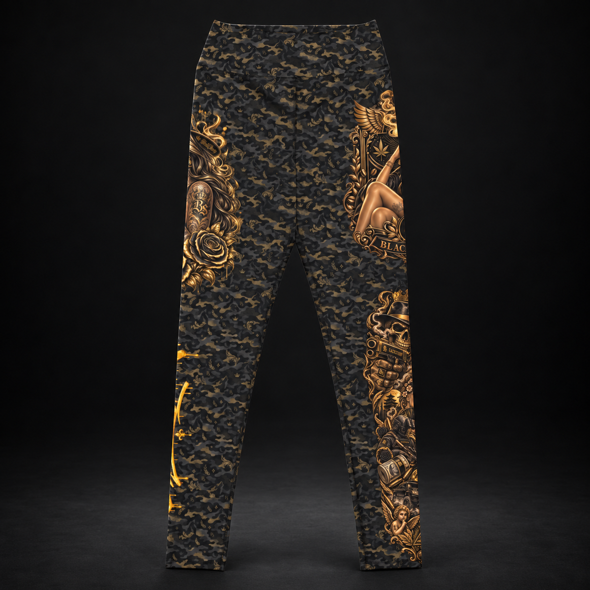 BlackStamp©™ Leggings 004, camo artwork, front product view on a dark black studio background