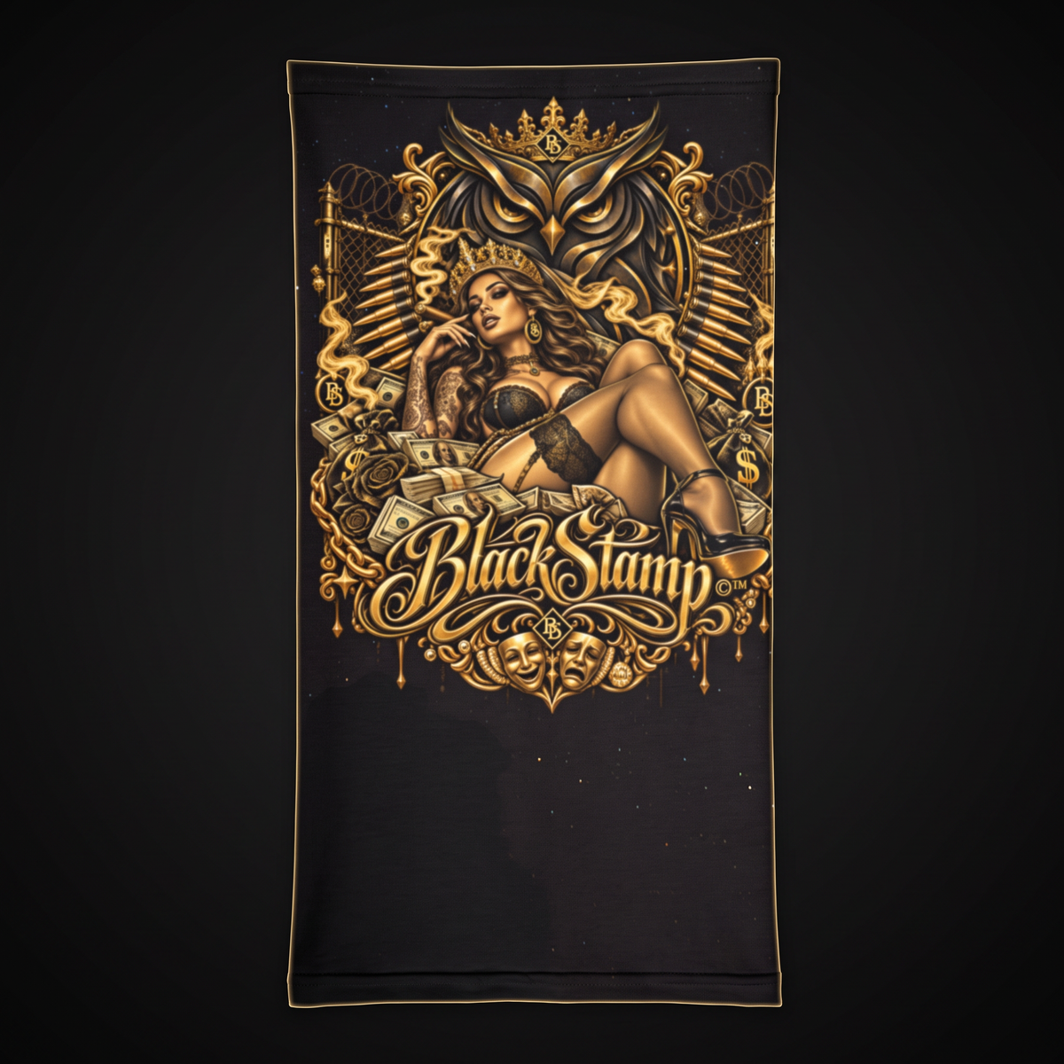 BlackStamp©™ Face Mask 002 — front on deep-black luxury studio background
