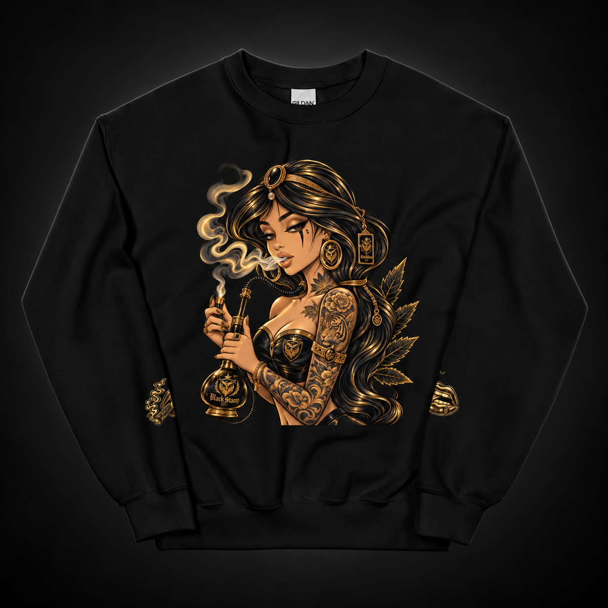 BlackStamp©™ Sweatshirt 015 in black with gold printed artwork, front view on a deep black studio background