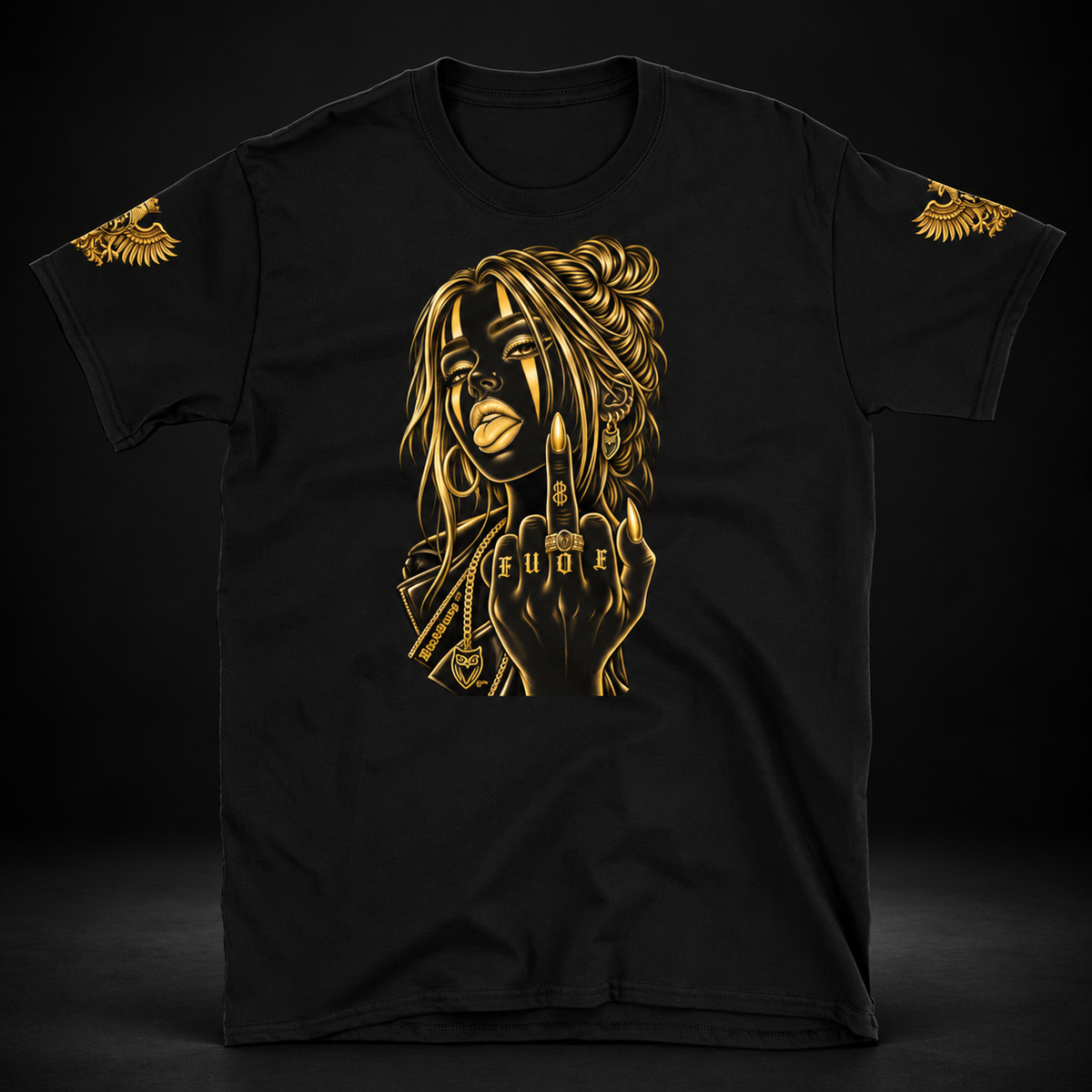 BlackStamp©™ T-Shirt 019, gold portrait, front product view on a dark black studio background