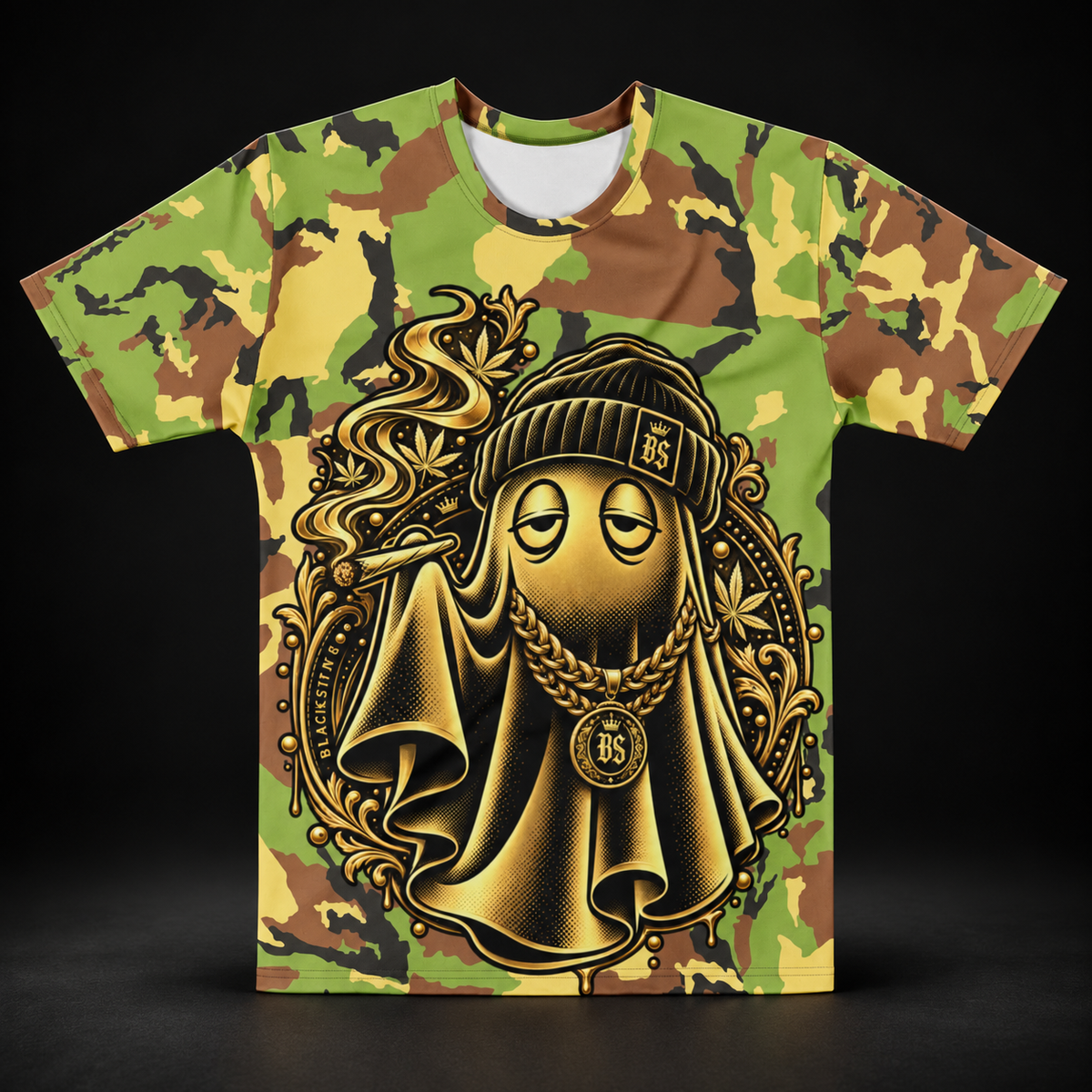 BlackStamp©™ T-Shirt 021, camo ghost, front product view on a dark black studio background