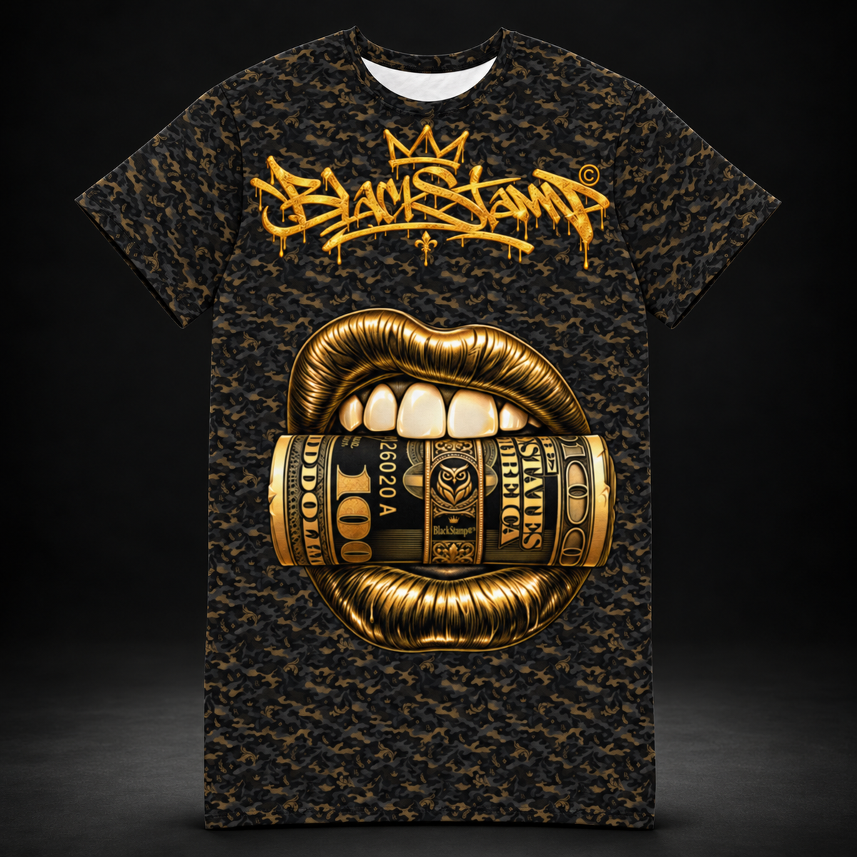 BlackStamp©™ T-Shirt Dress 001, gold lips, front product view on a dark black studio background